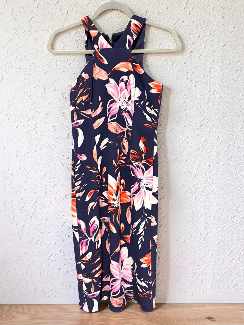 Vince Camuto Navy Floral Halter Maxi Dress with Pink & Coral Blooms
